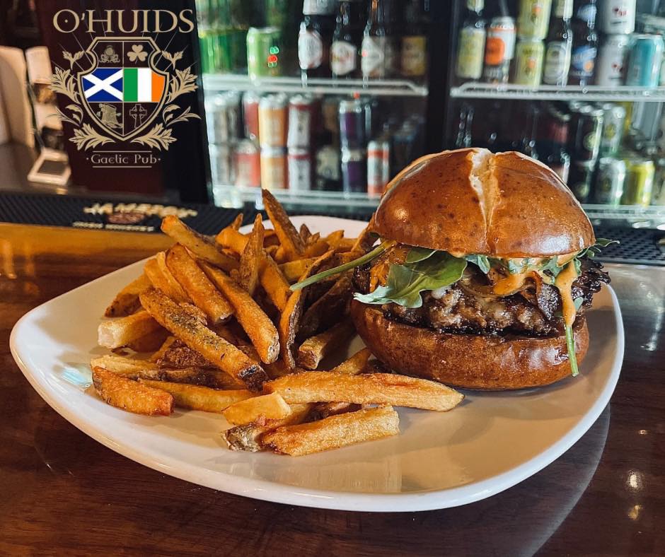 hamburger and fries on the bar at O'huids Gaelic pub