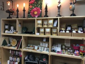 merchandise on wooden shelves