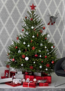 Photo of a Christmas tree decorated in red and white ornaments and presents.