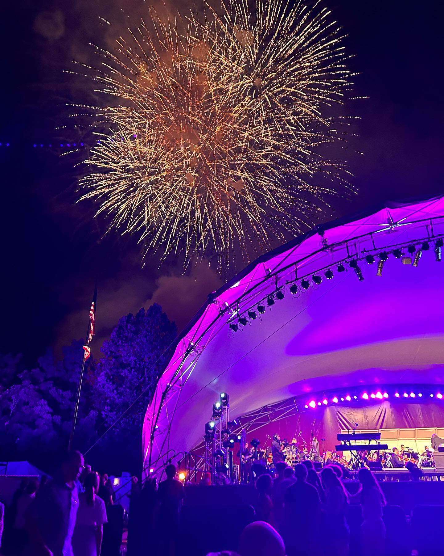 Lancaster festival stage with fireworks and purple lights
