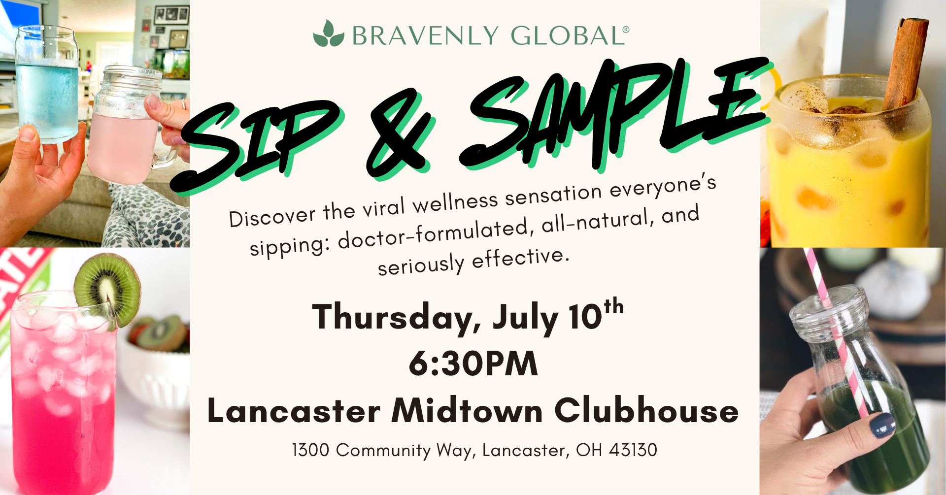 Promotional image for a sip and sample by Bravenly Global