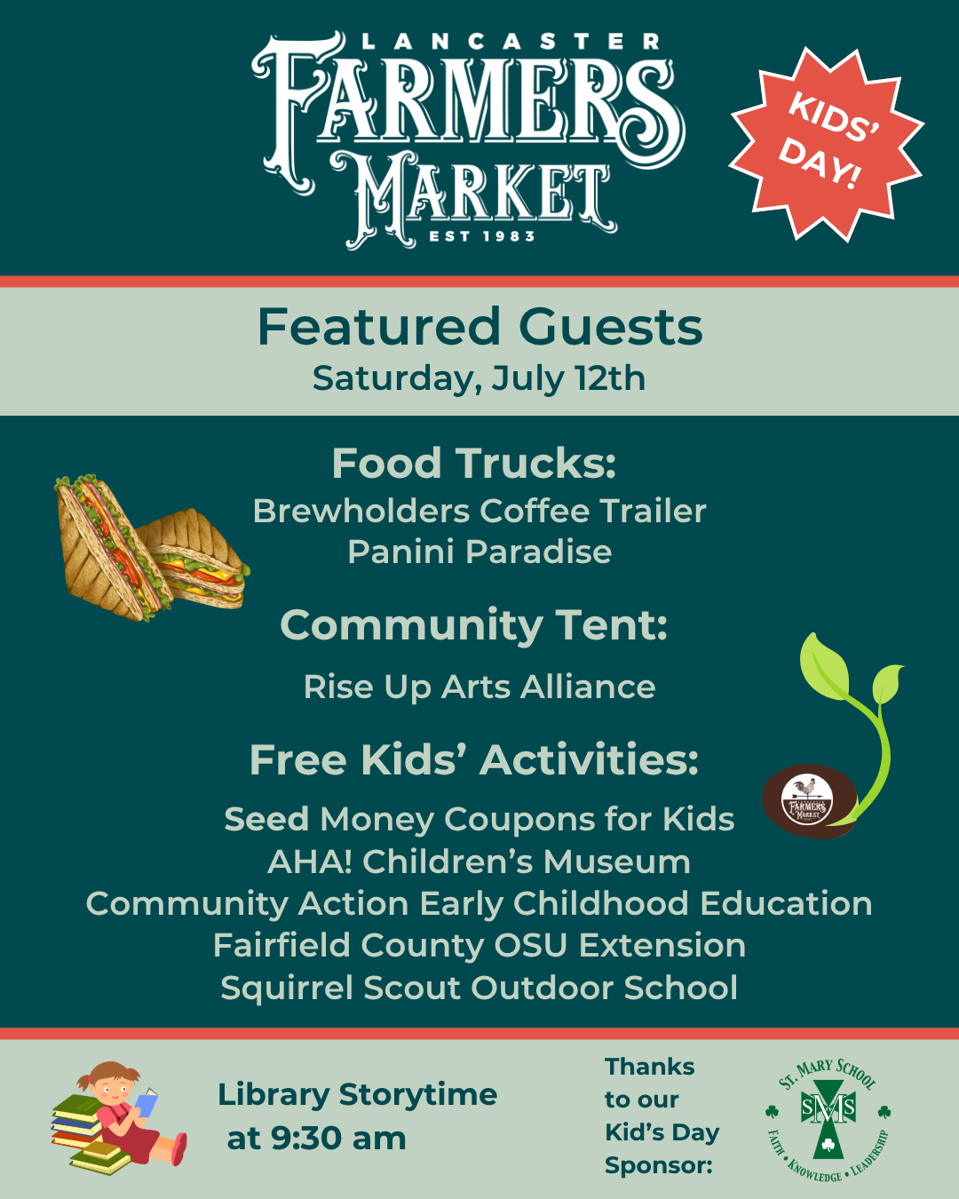 Promotional flyer for kids day at the farmers market