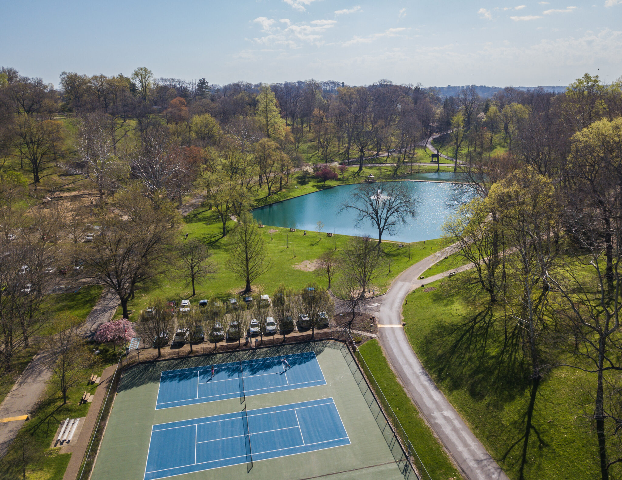 ariel view of rising park in lancaster Ohio in the spring