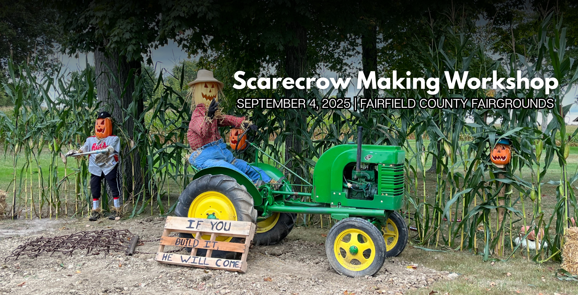 Scarecrow Making Workshop, farmer themed scarecrow driving a green tractor and with a pumpkin head