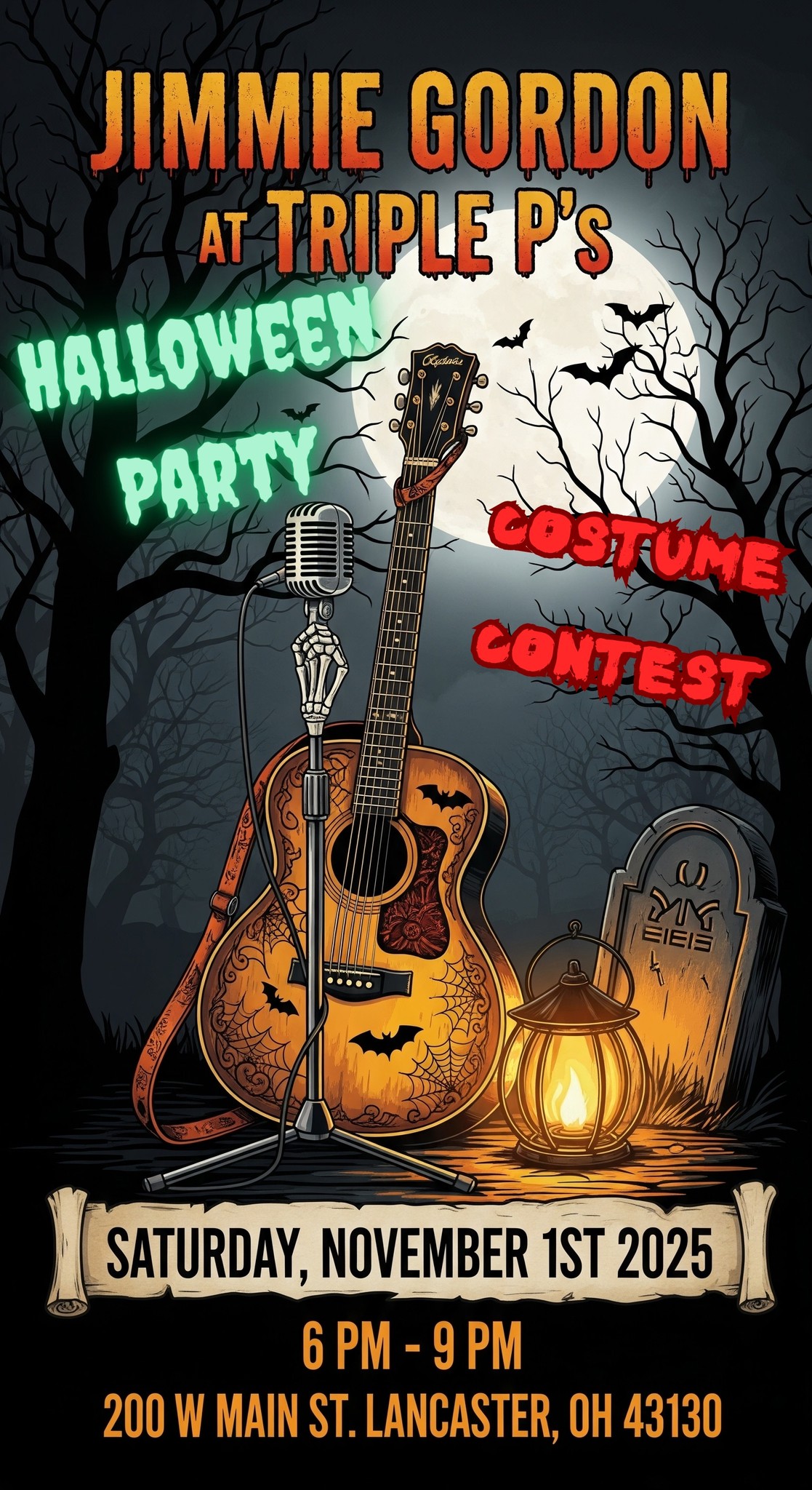 haloween themed flyer for triple p's halloween party and costume contest with live music from jimmie gordon
