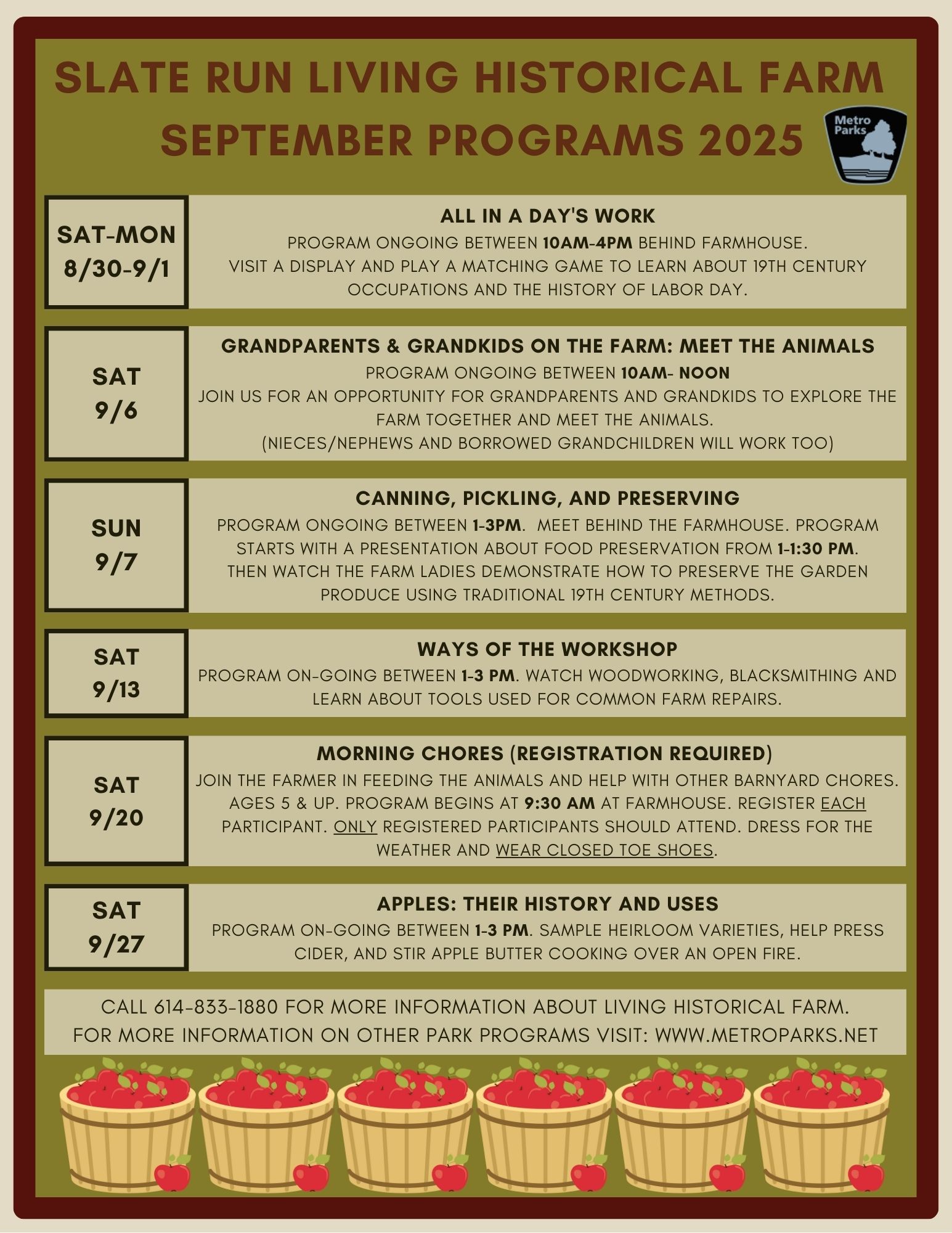 SLATE RUN LIVING HISTORICAL FARM SEPTEMBER PROGRAMS 2025