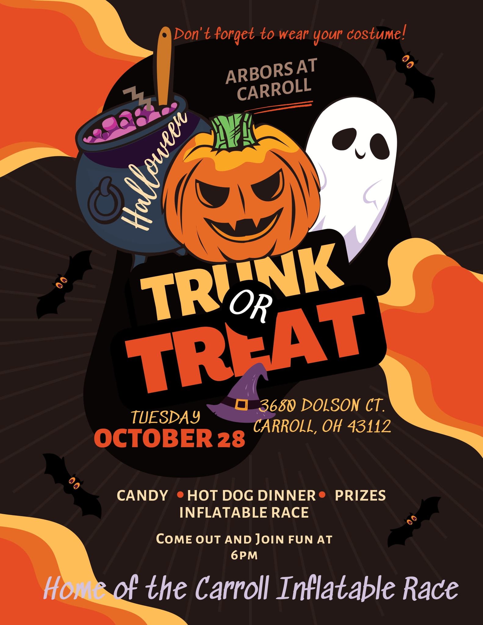 Trunk or treat tuesday October 28 3680 dolson ct carroll ohio. Candy Hot Dog Dinner, Prizes, Inflatable Race, Come out and join Fun at 6PM Home of the Carroll Inflatable Race