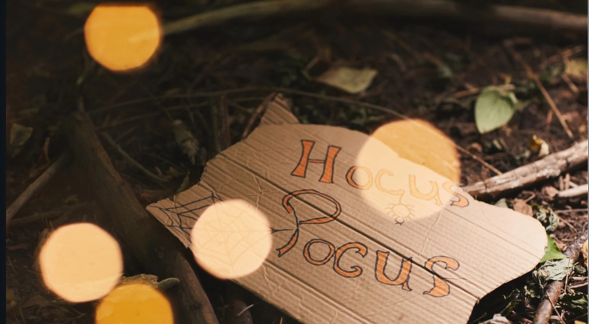 HOcus Pocus cardboard cutout on top of dirt and tree limbs