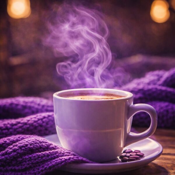 coffee cup steaming on a wooden table with purple blanket surrounding the cup